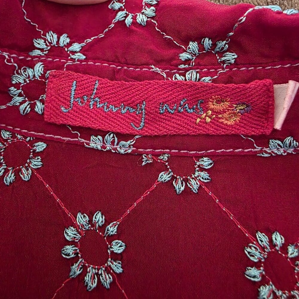 Johnny Was Vintage Embroidered Red Rayon Peasant Blouse Boho Floral Top Tunic XS - Picture 7 of 14